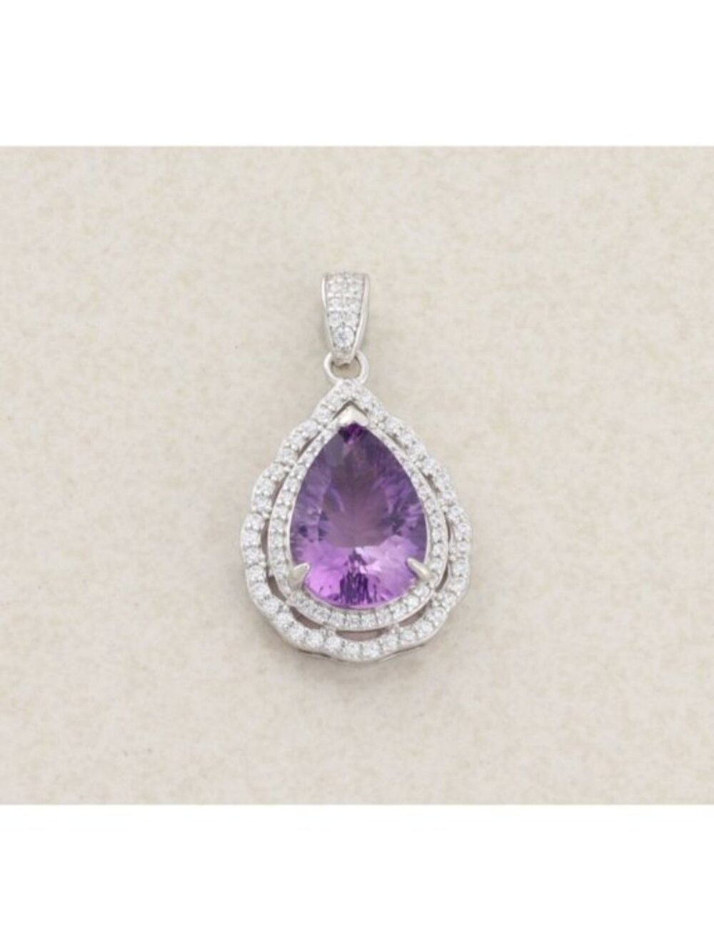 Sterling Silver Natural Pear Cut Amethyst & Cubic Zirconia Halo Pendant
